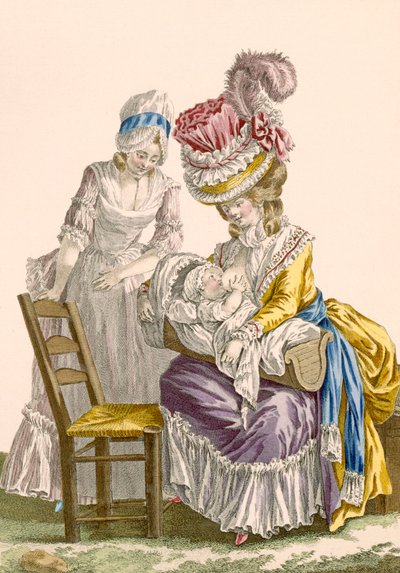 Elegant lady breastfeeding her child watched by her maid, plate no.142 from 